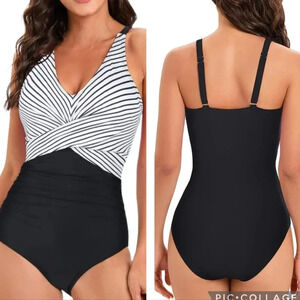 Black and White Striped One Piece Swimsuit. NWOT